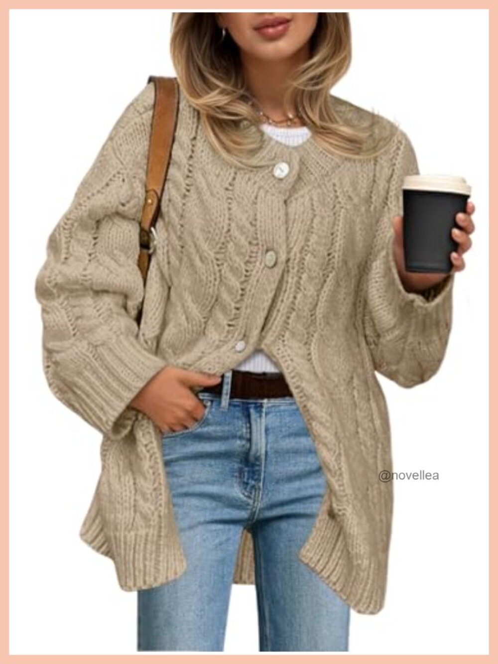 Chunky Cable Knit Cardigan Sweater Dress Button Up Crew Neck Long Sleeve